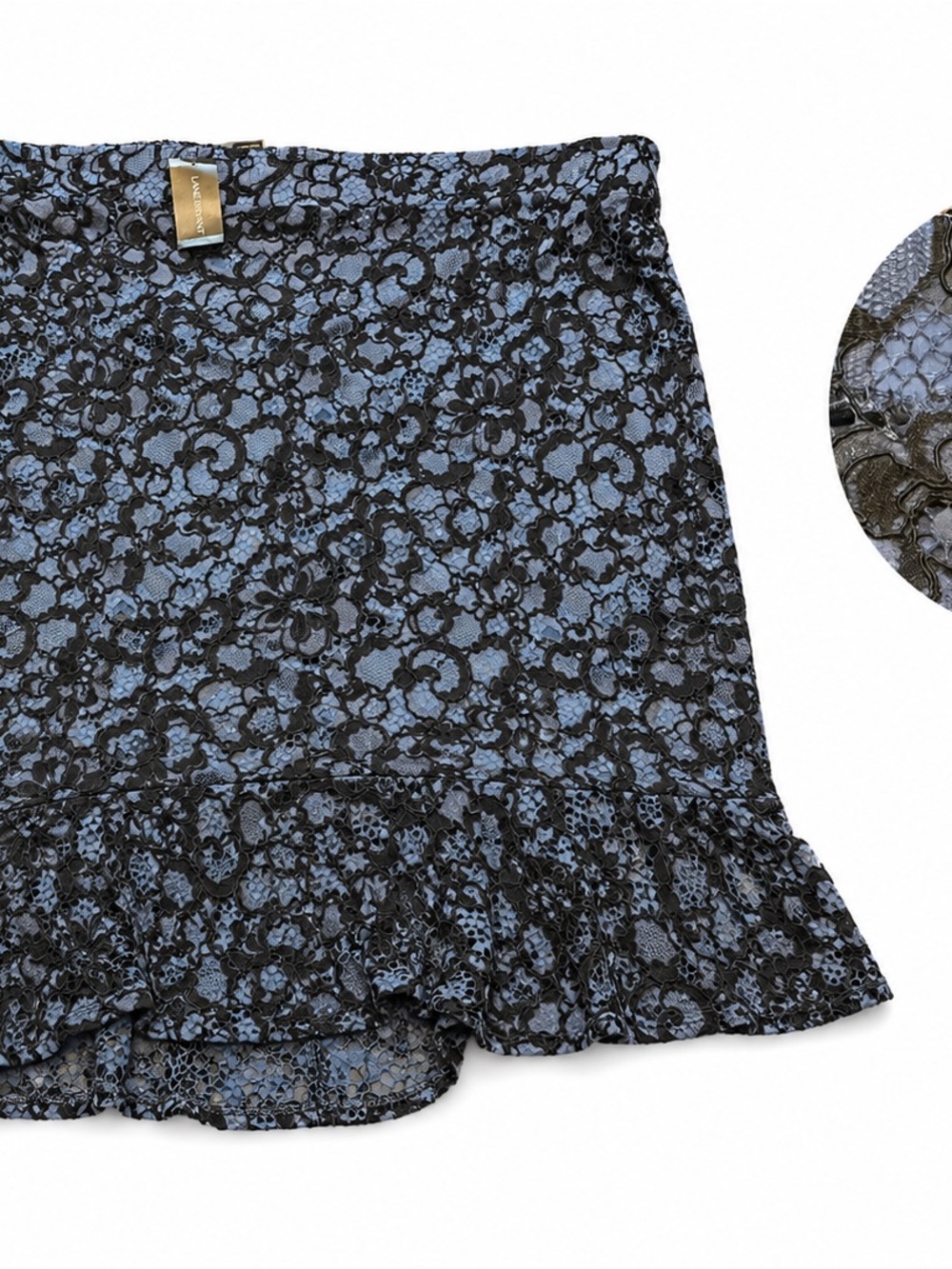 Lane Bryant NWT Blue Black Lace Ruffle Hem Skirt Size 26